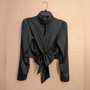 Emerald Green Satin Mock Neck Blouse with Tie Closure and Button Sleeves